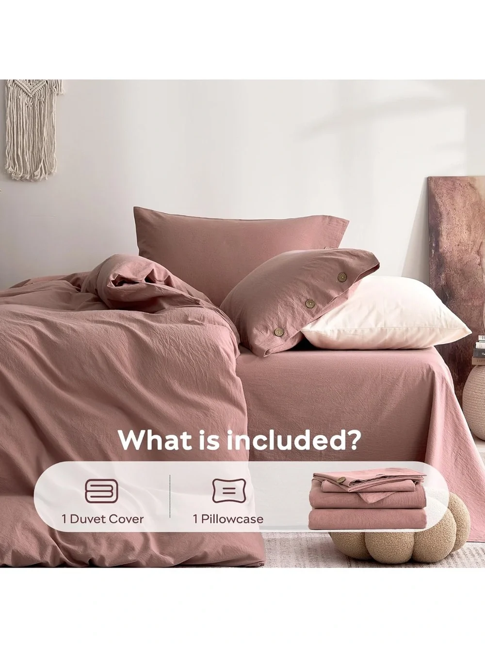 100% Washed Cotton Darker Rose Duvet Cover Twin, Linen-Like